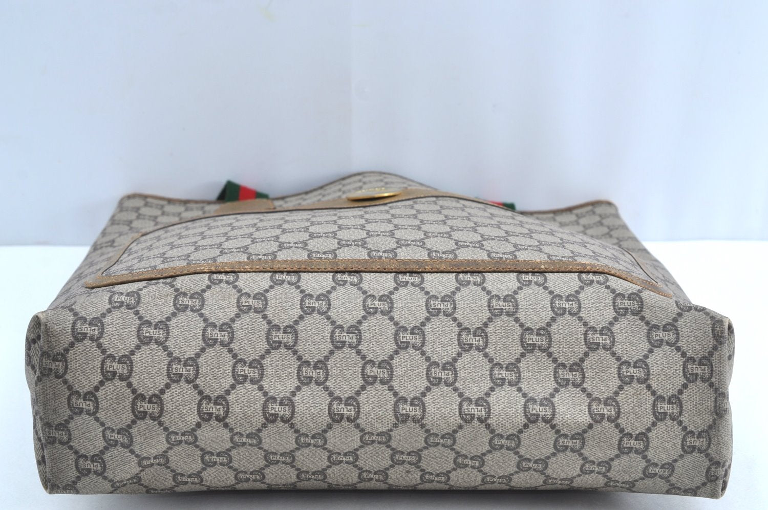 Authentic GUCCI Web Sherry Line GG Plus Tote Bag PVC Leather Brown K4163
