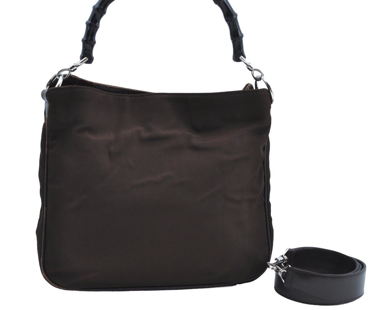 Authentic GUCCI Bamboo 2Way Shoulder Hand Bag Nylon Leather 0011638 Brown K4164