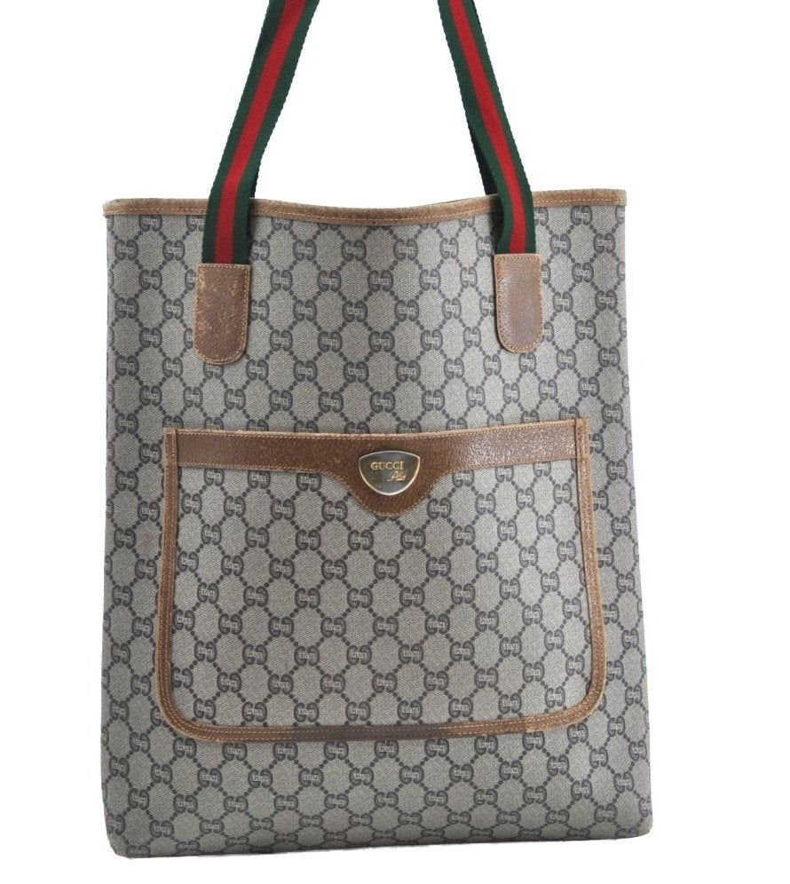 Authentic GUCCI Web Sherry Line GG Plus Tote Bag PVC Leather Brown K4173