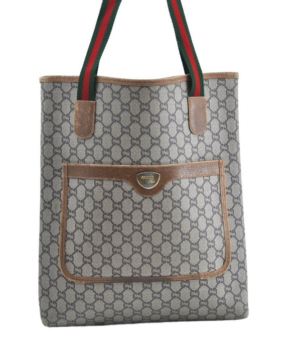 Authentic GUCCI Web Sherry Line GG Plus Tote Bag PVC Leather Brown K4173