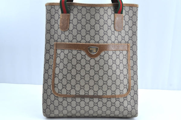 Authentic GUCCI Web Sherry Line GG Plus Tote Bag PVC Leather Brown K4173