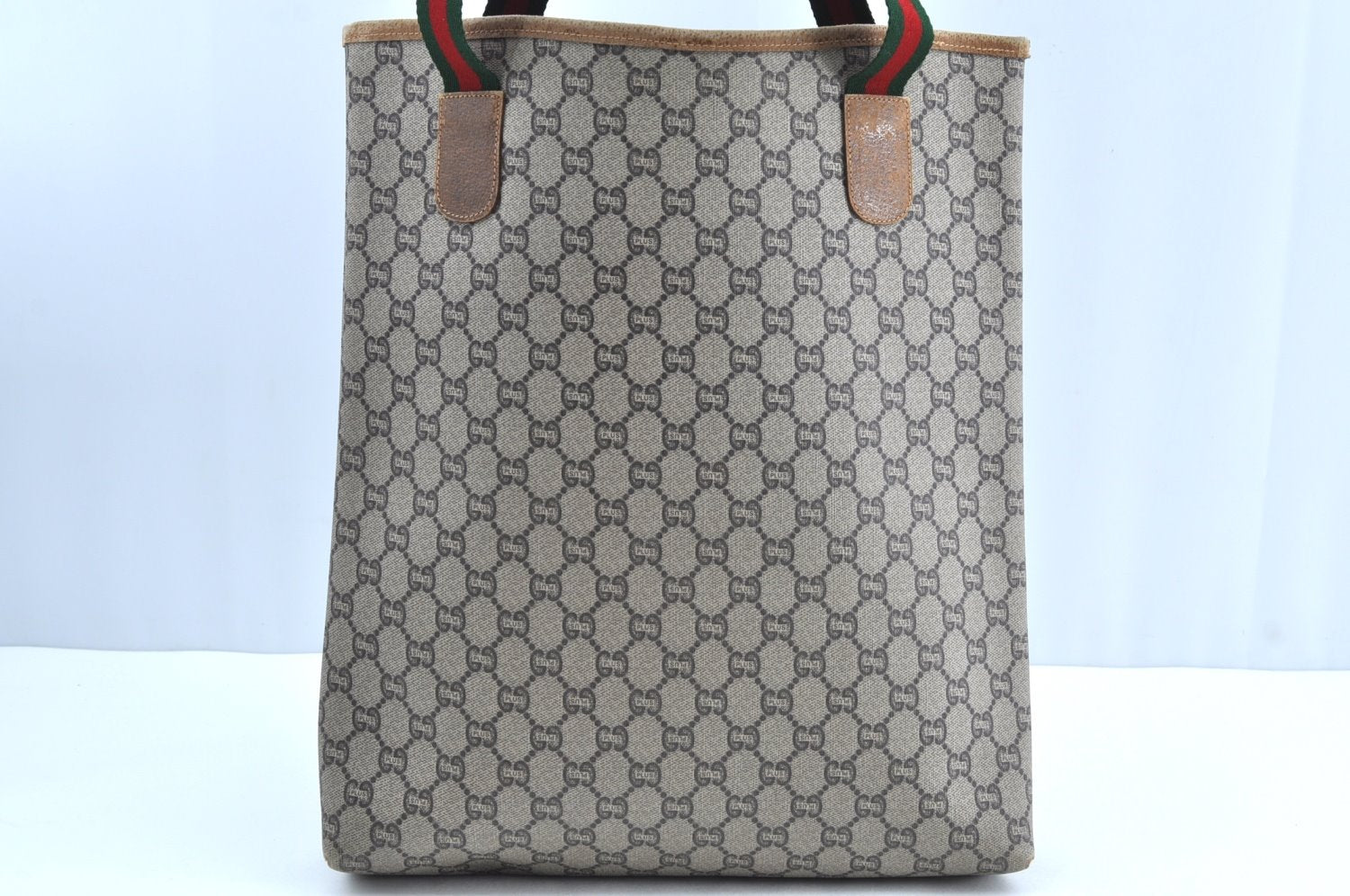 Authentic GUCCI Web Sherry Line GG Plus Tote Bag PVC Leather Brown K4173