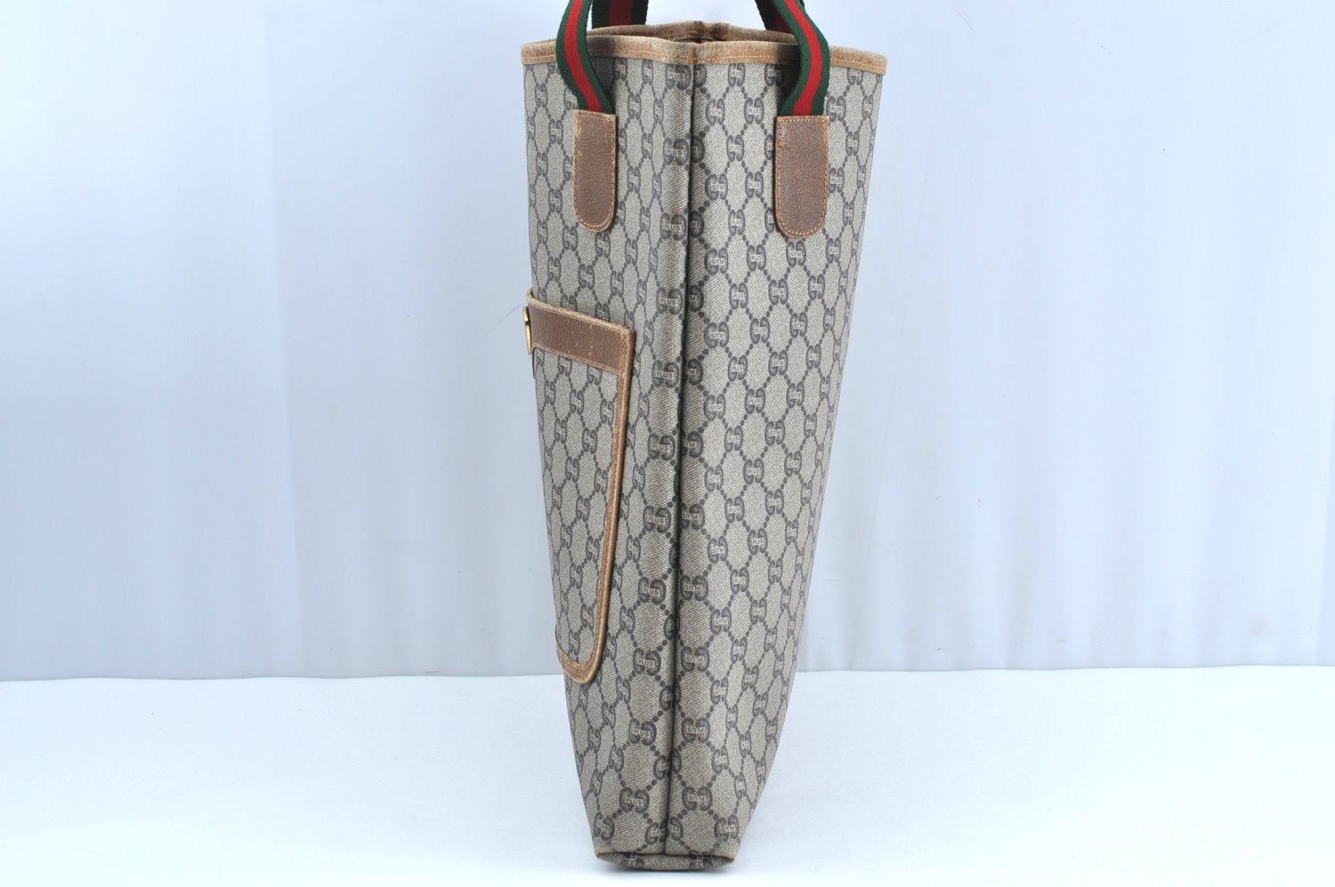 Authentic GUCCI Web Sherry Line GG Plus Tote Bag PVC Leather Brown K4173