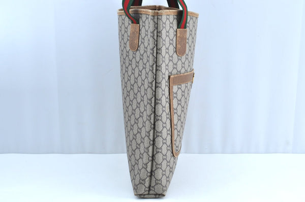 Authentic GUCCI Web Sherry Line GG Plus Tote Bag PVC Leather Brown K4173