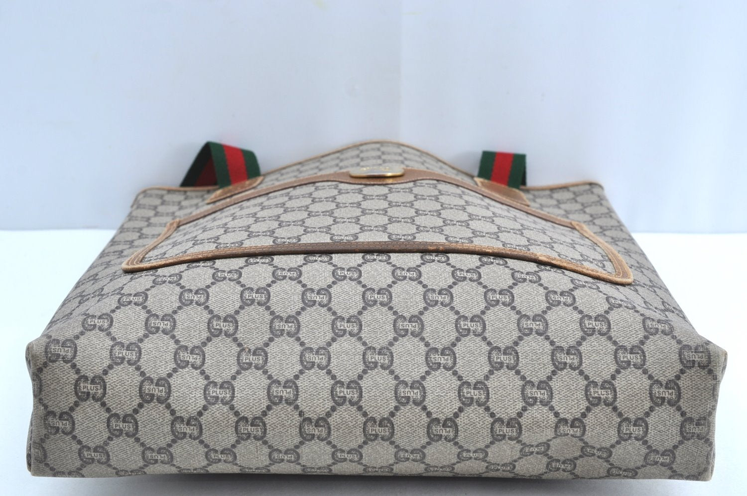 Authentic GUCCI Web Sherry Line GG Plus Tote Bag PVC Leather Brown K4173