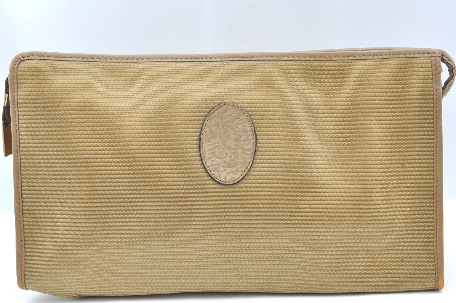 Authentic YVES SAINT LAURENT Clutch Hand Bag Purse PVC Leather Beige K4179