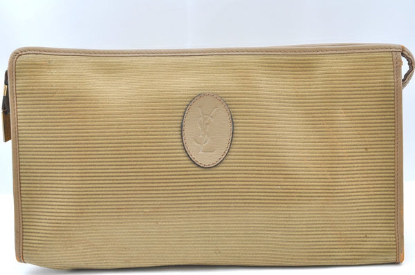 Authentic YVES SAINT LAURENT Clutch Hand Bag Purse PVC Leather Beige K4179