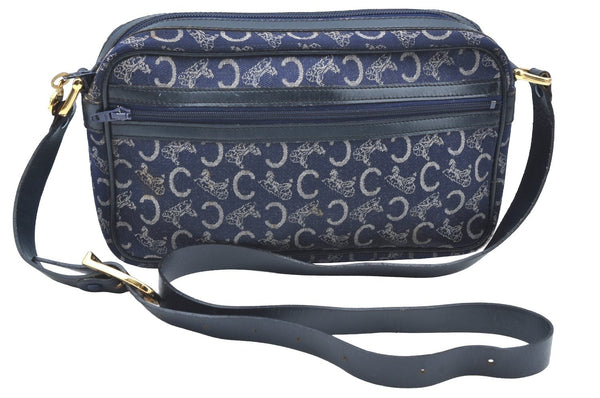 Authentic CELINE C Horse Carriage Shoulder Bag Canvas Leather Navy Blue K4180
