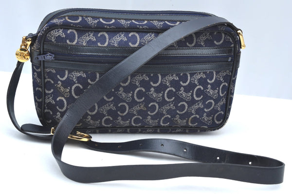 Authentic CELINE C Horse Carriage Shoulder Bag Canvas Leather Navy Blue K4180