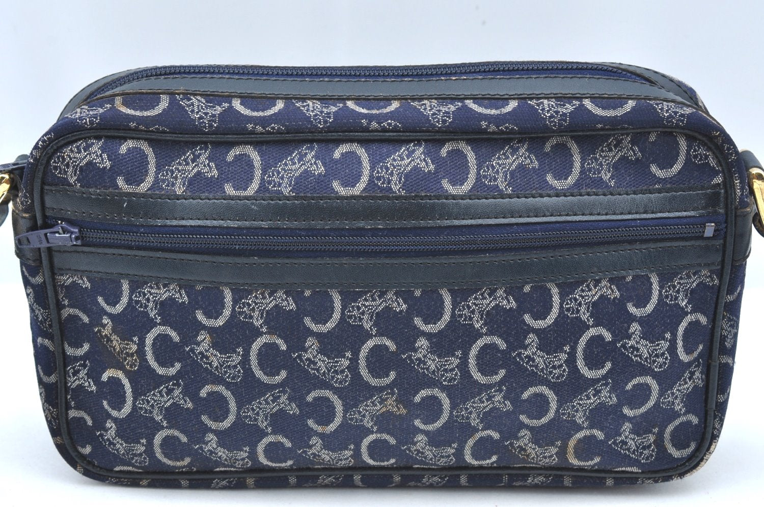 Authentic CELINE C Horse Carriage Shoulder Bag Canvas Leather Navy Blue K4180