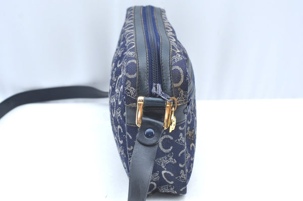 Authentic CELINE C Horse Carriage Shoulder Bag Canvas Leather Navy Blue K4180