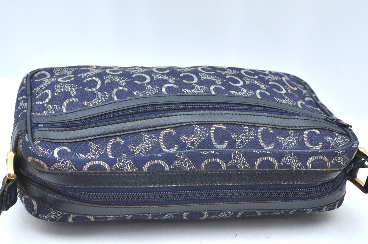 Authentic CELINE C Horse Carriage Shoulder Bag Canvas Leather Navy Blue K4180