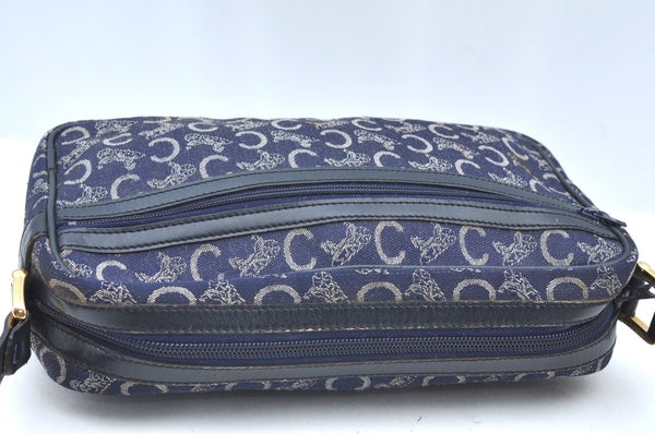 Authentic CELINE C Horse Carriage Shoulder Bag Canvas Leather Navy Blue K4180