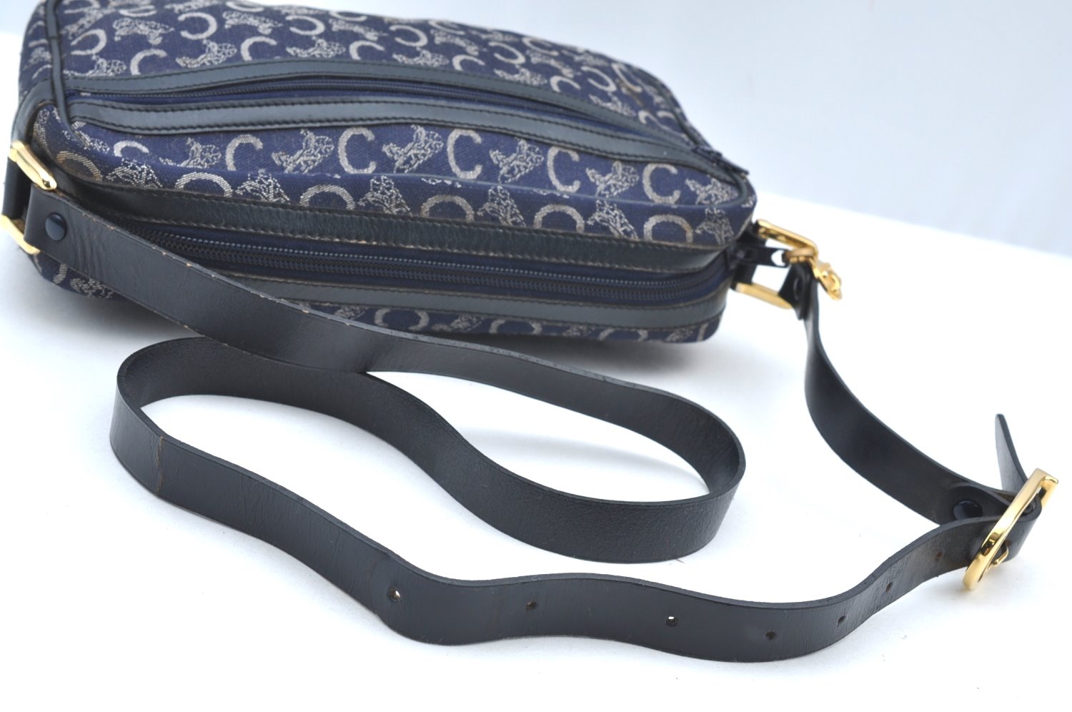 Authentic CELINE C Horse Carriage Shoulder Bag Canvas Leather Navy Blue K4180