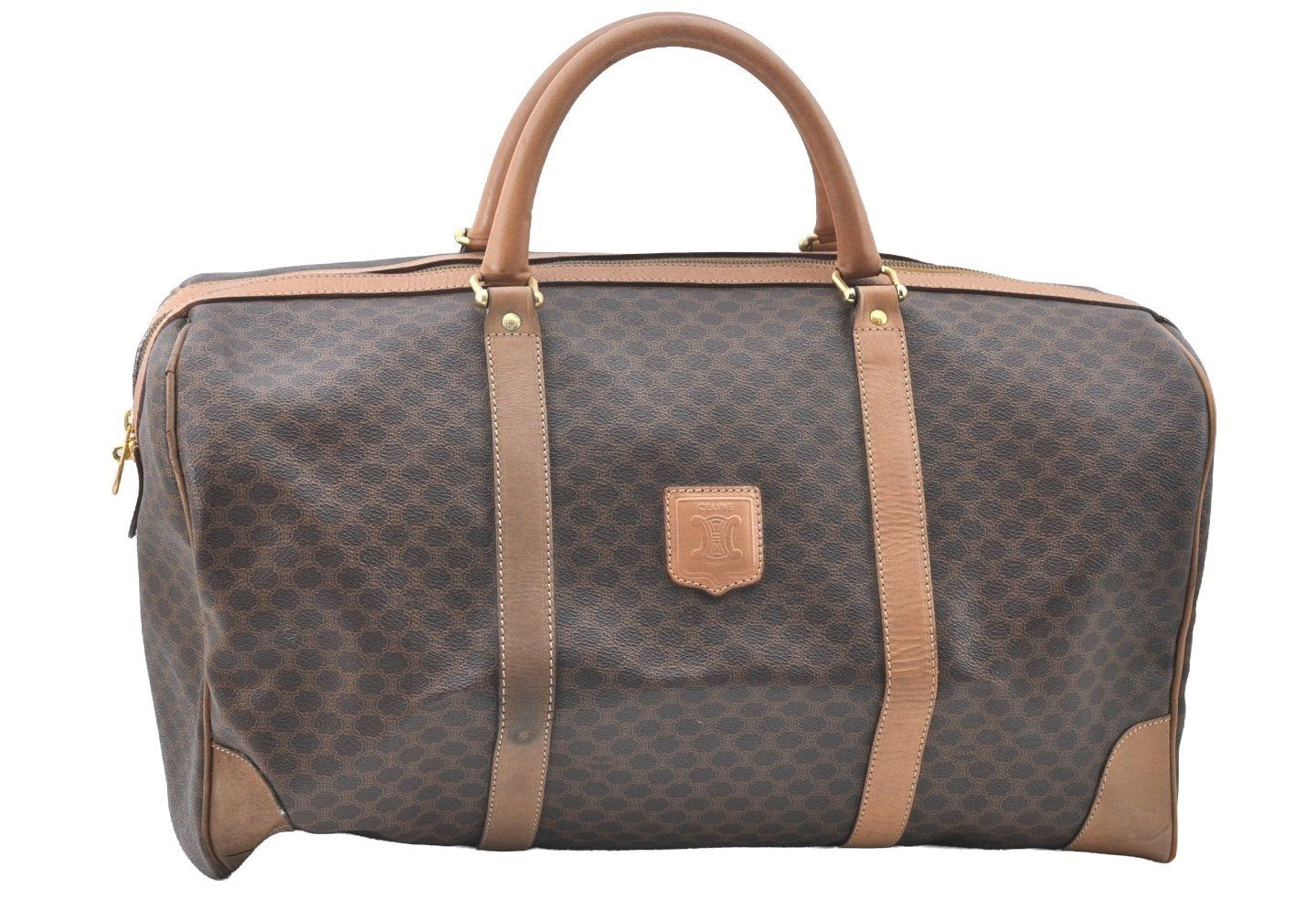 Authentic CELINE Macadam Blason Pattern Boston Bag PVC Leather Brown K4193