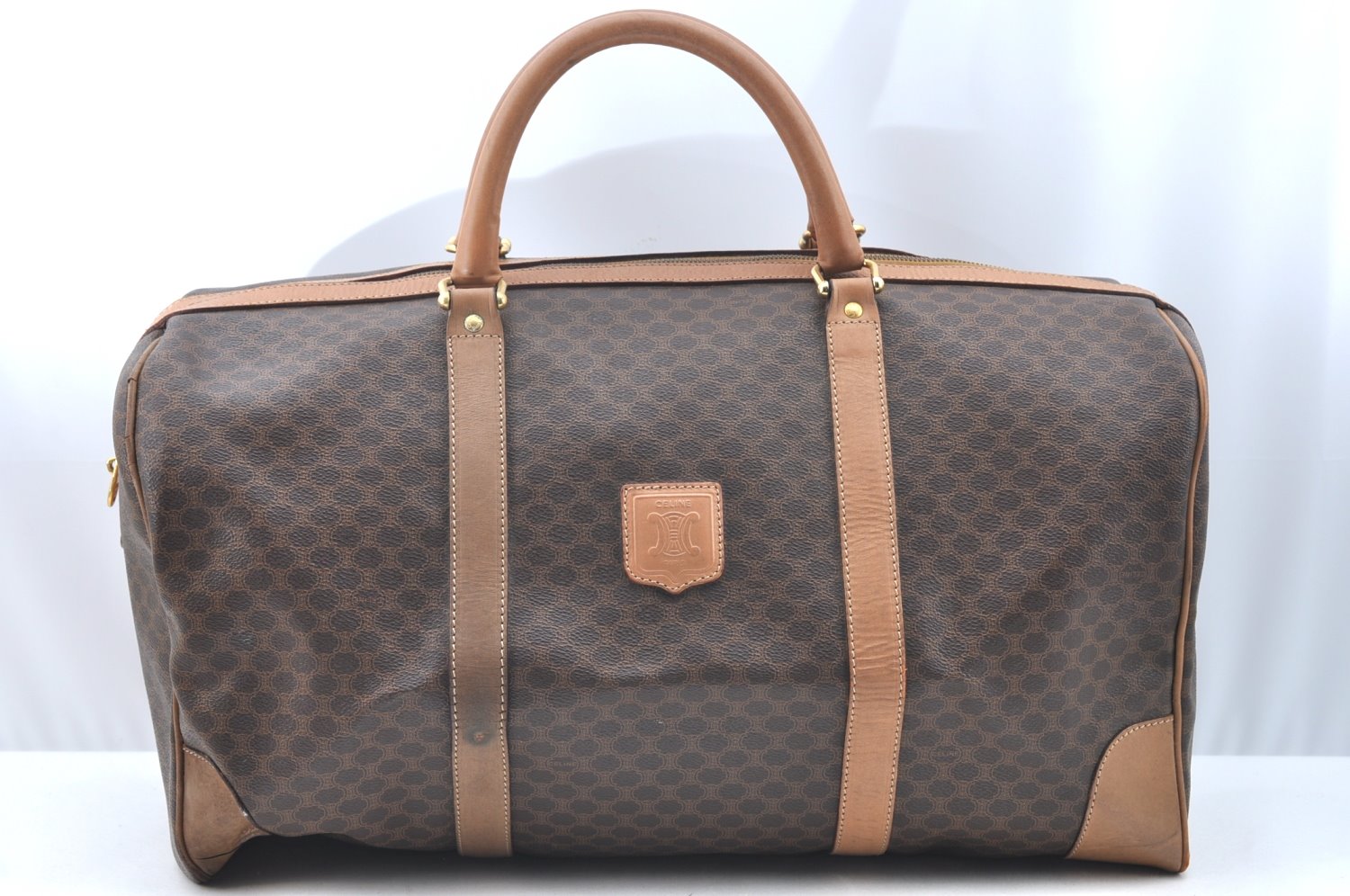 Authentic CELINE Macadam Blason Pattern Boston Bag PVC Leather Brown K4193