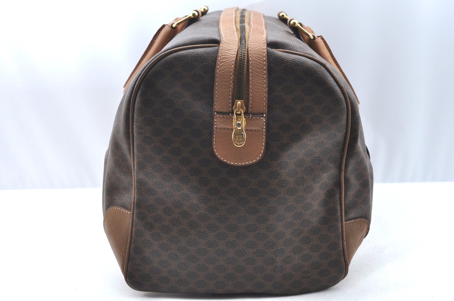 Authentic CELINE Macadam Blason Pattern Boston Bag PVC Leather Brown K4193
