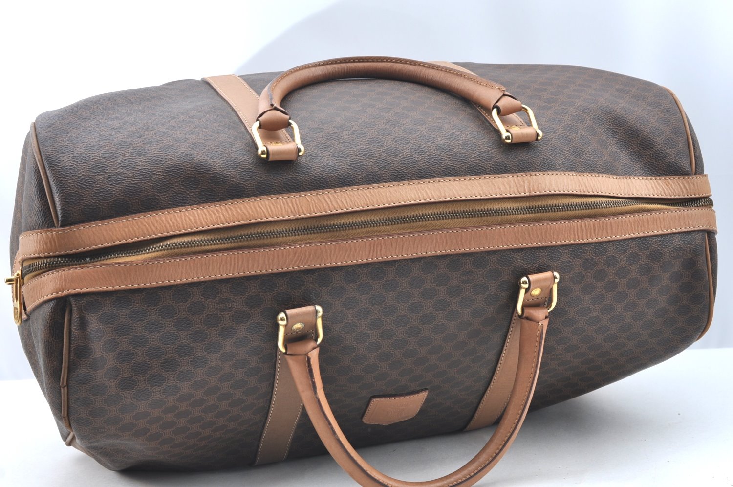 Authentic CELINE Macadam Blason Pattern Boston Bag PVC Leather Brown K4193