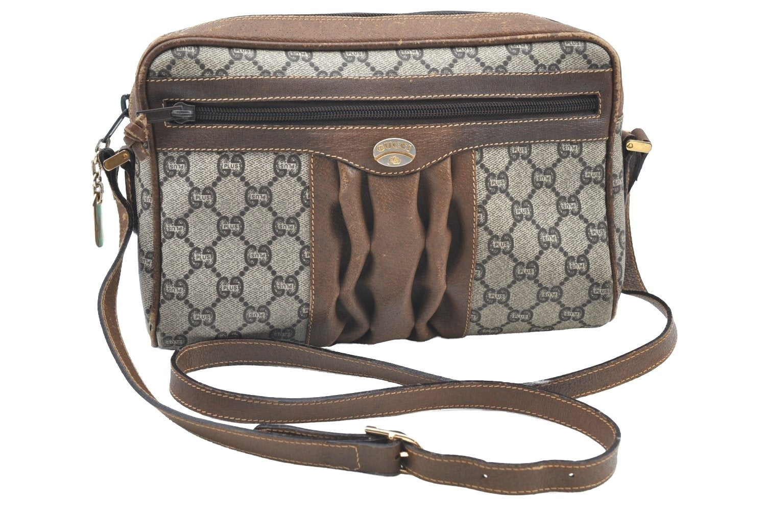Authentic GUCCI GG Plus Shoulder Cross Body Bag Purse PVC Leather Brown K4202