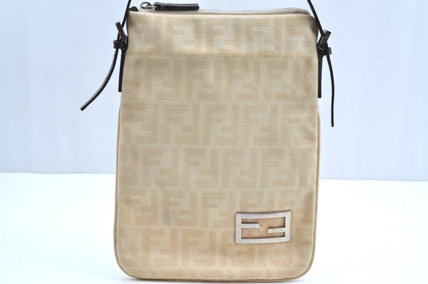 Authentic FENDI Zucca Shoulder Hand Bag Purse Canvas Leather Beige K4207