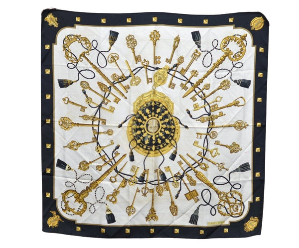 Authentic HERMES Carre 90 Scarf "Les Cles" Silk Black K4214