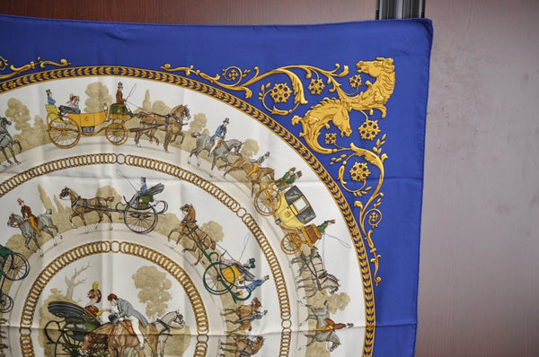 Authentic HERMES Carre 90 Scarf "LA PROMENADE DE LONGCHAMPS" Silk Blue K4221