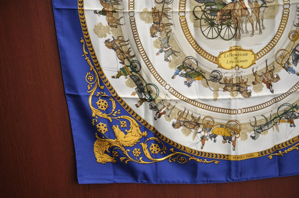 Authentic HERMES Carre 90 Scarf "LA PROMENADE DE LONGCHAMPS" Silk Blue K4221