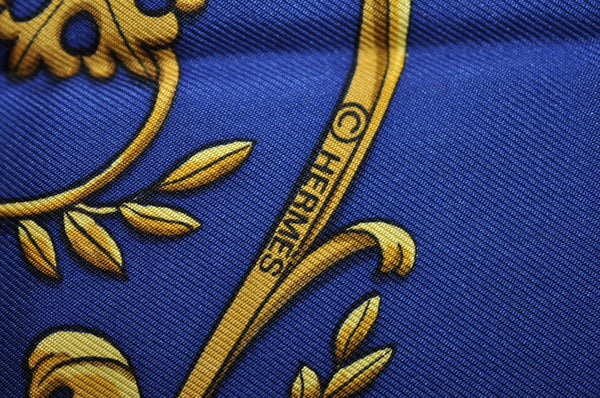 Authentic HERMES Carre 90 Scarf "LA PROMENADE DE LONGCHAMPS" Silk Blue K4221