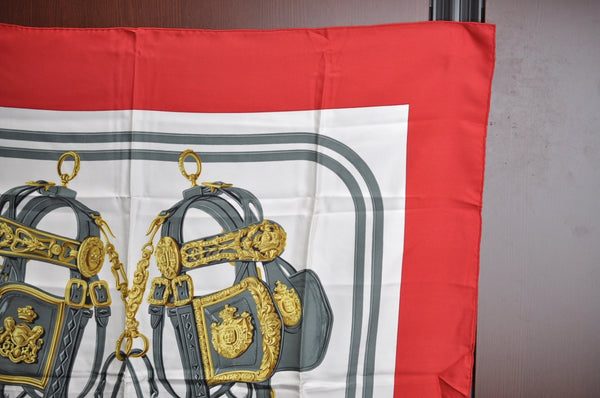 Authentic HERMES Carre 90 Scarf "BRIDES de GALA par" Silk Red K4222