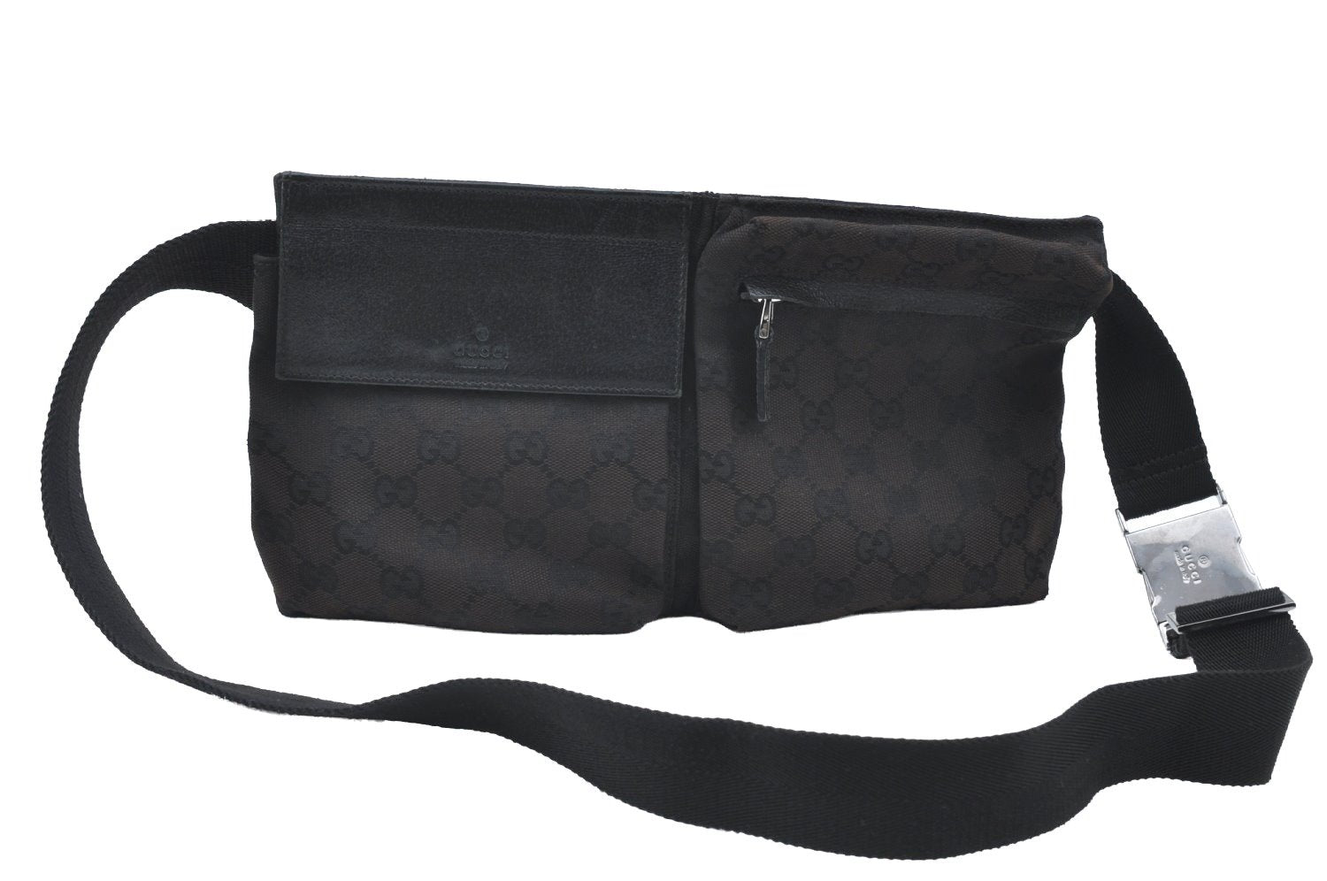 Authentic GUCCI Vintage Waist Body Bag Purse GG Canvas Leather Black K4227