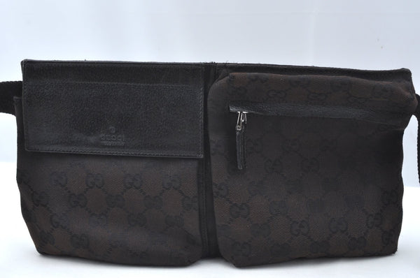 Authentic GUCCI Vintage Waist Body Bag Purse GG Canvas Leather Black K4227