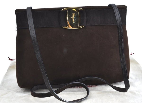 Authentic Salvatore Ferragamo Vara Shoulder Cross Bag Suede Leather Brown K4229