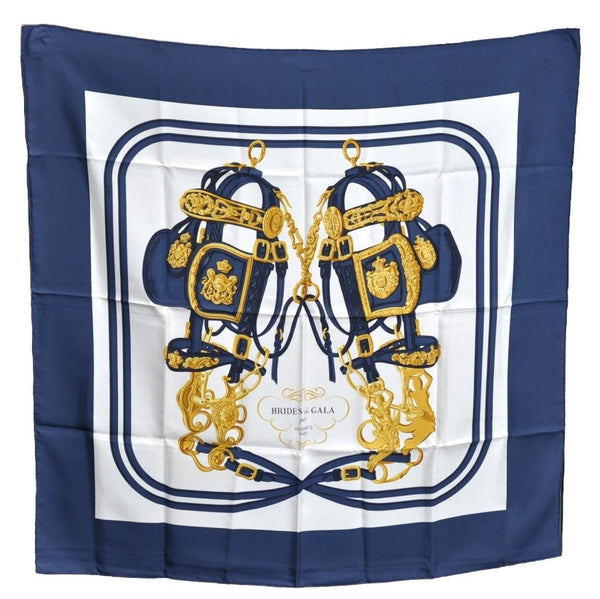 Authentic HERMES Carre 90 Scarf "BRIDES de GALA par" Silk Navy K4246