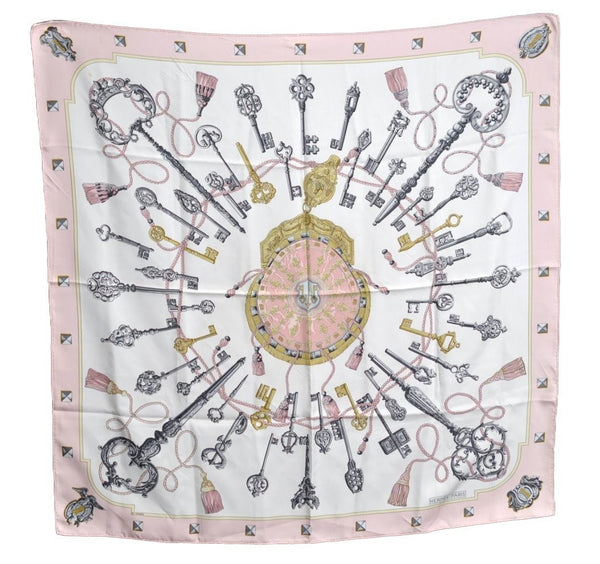 Authentic HERMES Carre 90 Scarf "LES CLES " Silk Pink K4252