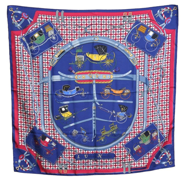 Authentic HERMES Carre 90 Scarf "Les Voitures Nouvelle" Silk Blue K4255