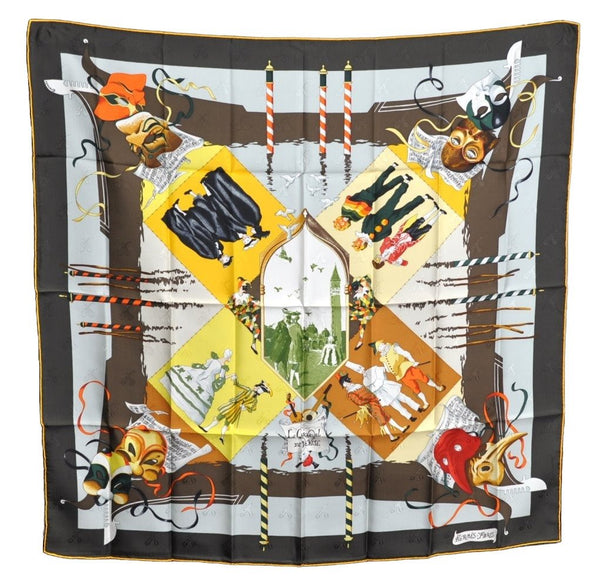 Authentic HERMES Carre 90 Scarf "LE CARNAVAL DE VENISE" Silk Yellow Black K4257