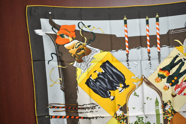 Authentic HERMES Carre 90 Scarf "LE CARNAVAL DE VENISE" Silk Yellow Black K4257