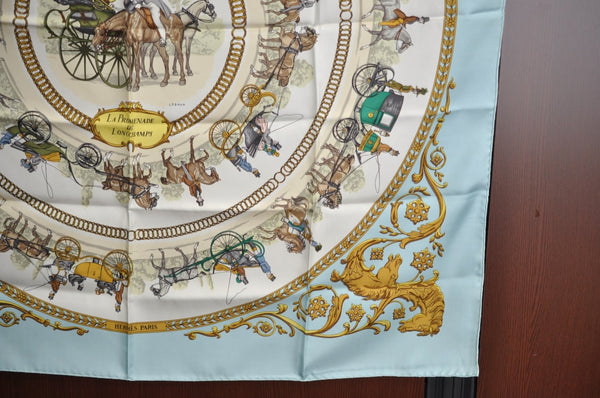 Authentic HERMES Carre 90 Scarf "LA PROMENADE DE LONGCHAMPS" Silk Blue K4261