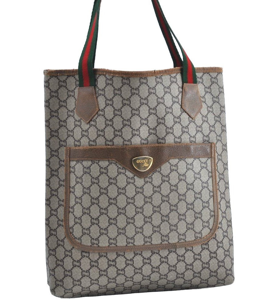 Authentic GUCCI Web Sherry Line GG Plus Tote Bag PVC Leather Brown K4270
