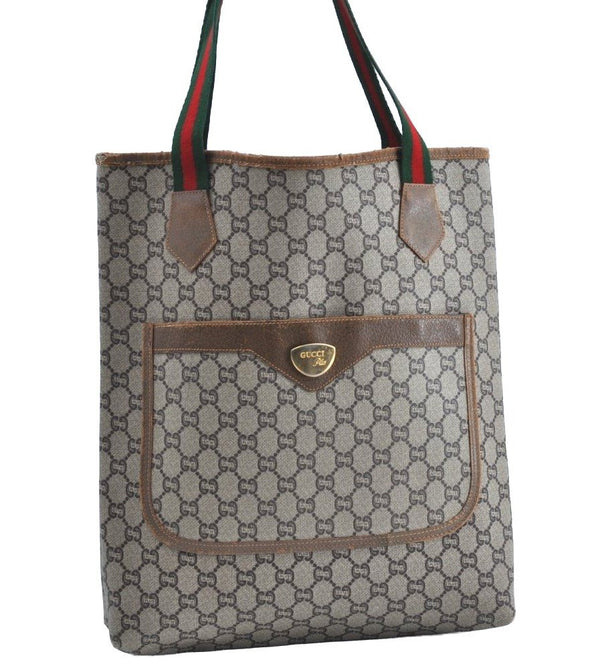 Authentic GUCCI Web Sherry Line GG Plus Tote Bag PVC Leather Brown K4270