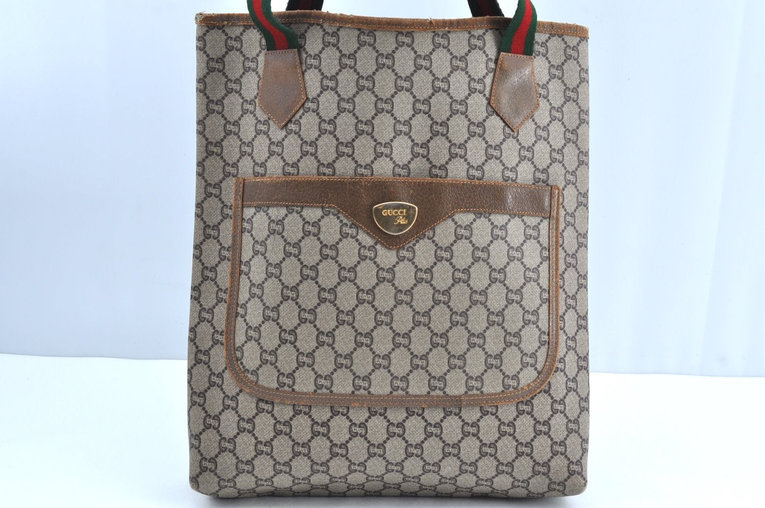Authentic GUCCI Web Sherry Line GG Plus Tote Bag PVC Leather Brown K4270