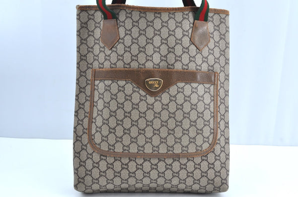 Authentic GUCCI Web Sherry Line GG Plus Tote Bag PVC Leather Brown K4270