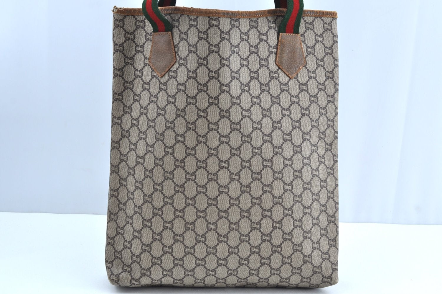 Authentic GUCCI Web Sherry Line GG Plus Tote Bag PVC Leather Brown K4270