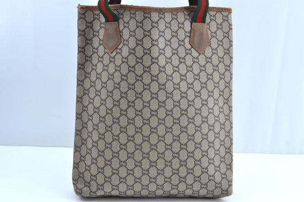 Authentic GUCCI Web Sherry Line GG Plus Tote Bag PVC Leather Brown K4270