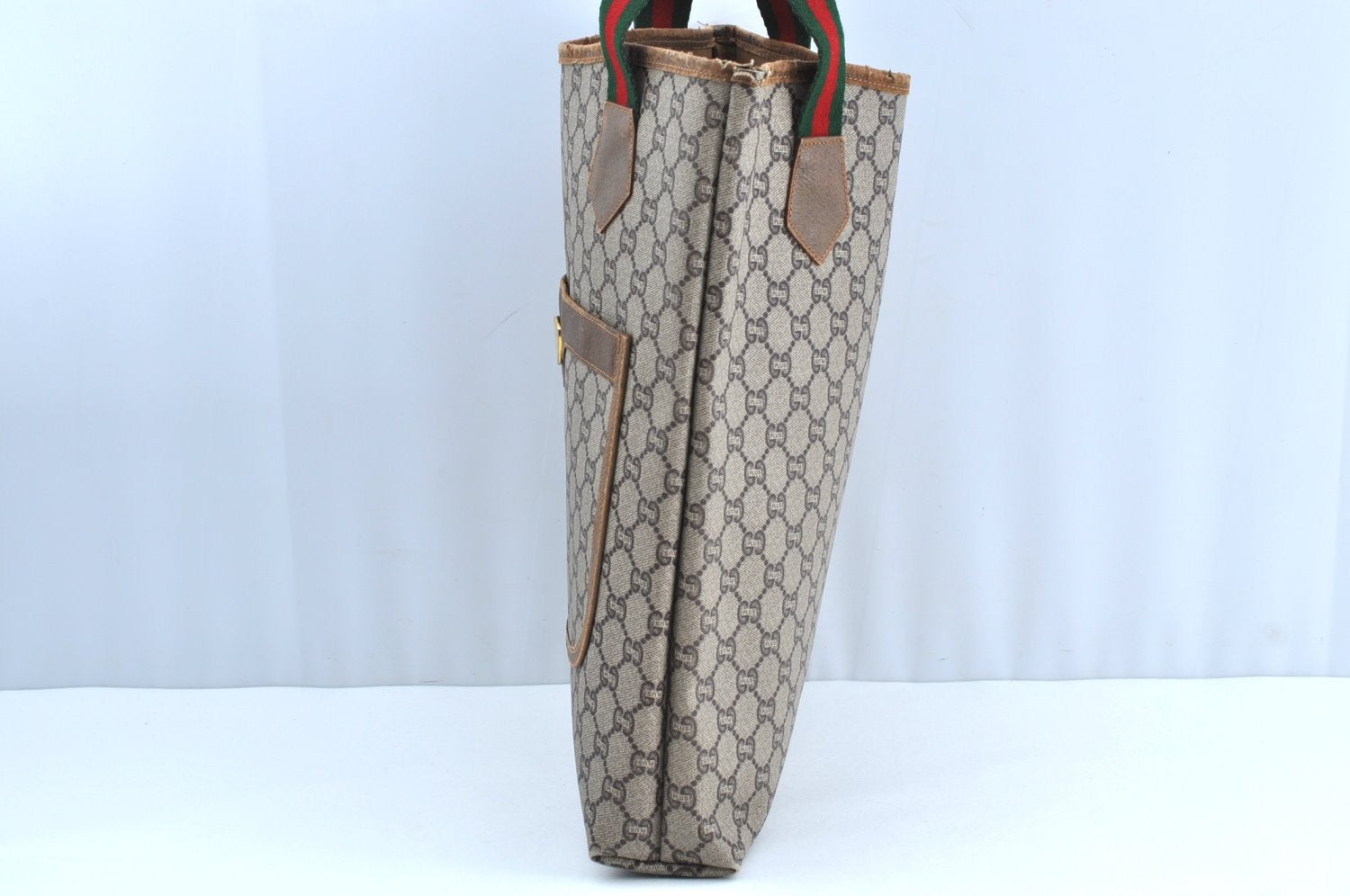 Authentic GUCCI Web Sherry Line GG Plus Tote Bag PVC Leather Brown K4270