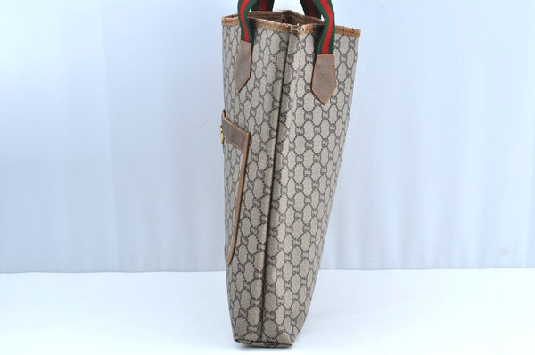 Authentic GUCCI Web Sherry Line GG Plus Tote Bag PVC Leather Brown K4270
