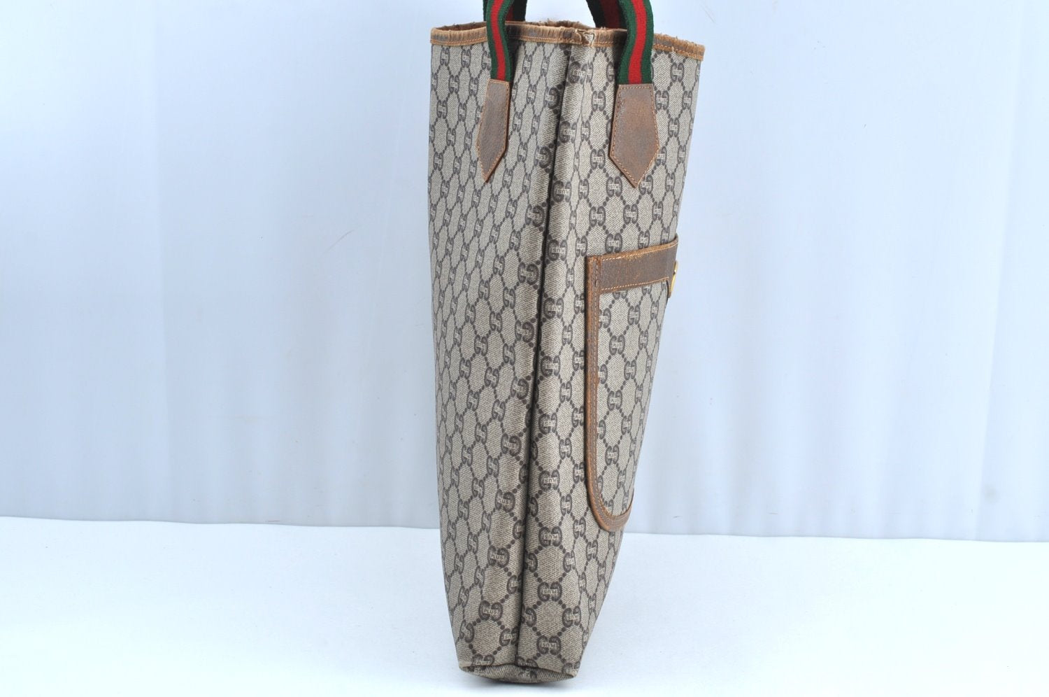 Authentic GUCCI Web Sherry Line GG Plus Tote Bag PVC Leather Brown K4270