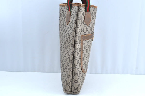 Authentic GUCCI Web Sherry Line GG Plus Tote Bag PVC Leather Brown K4270