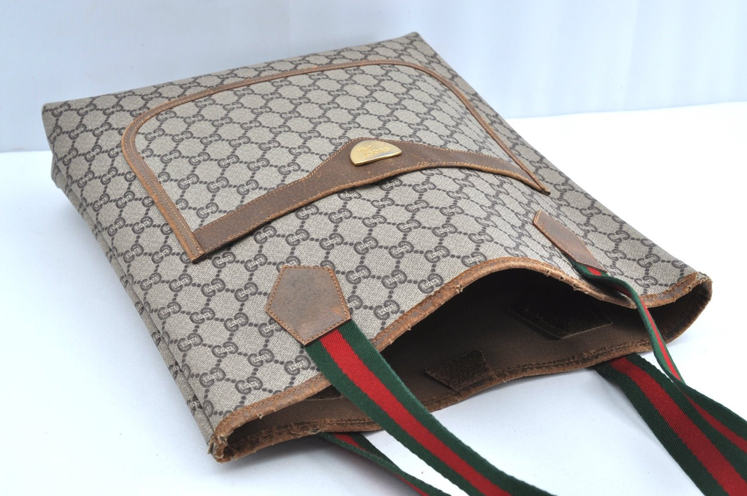 Authentic GUCCI Web Sherry Line GG Plus Tote Bag PVC Leather Brown K4270