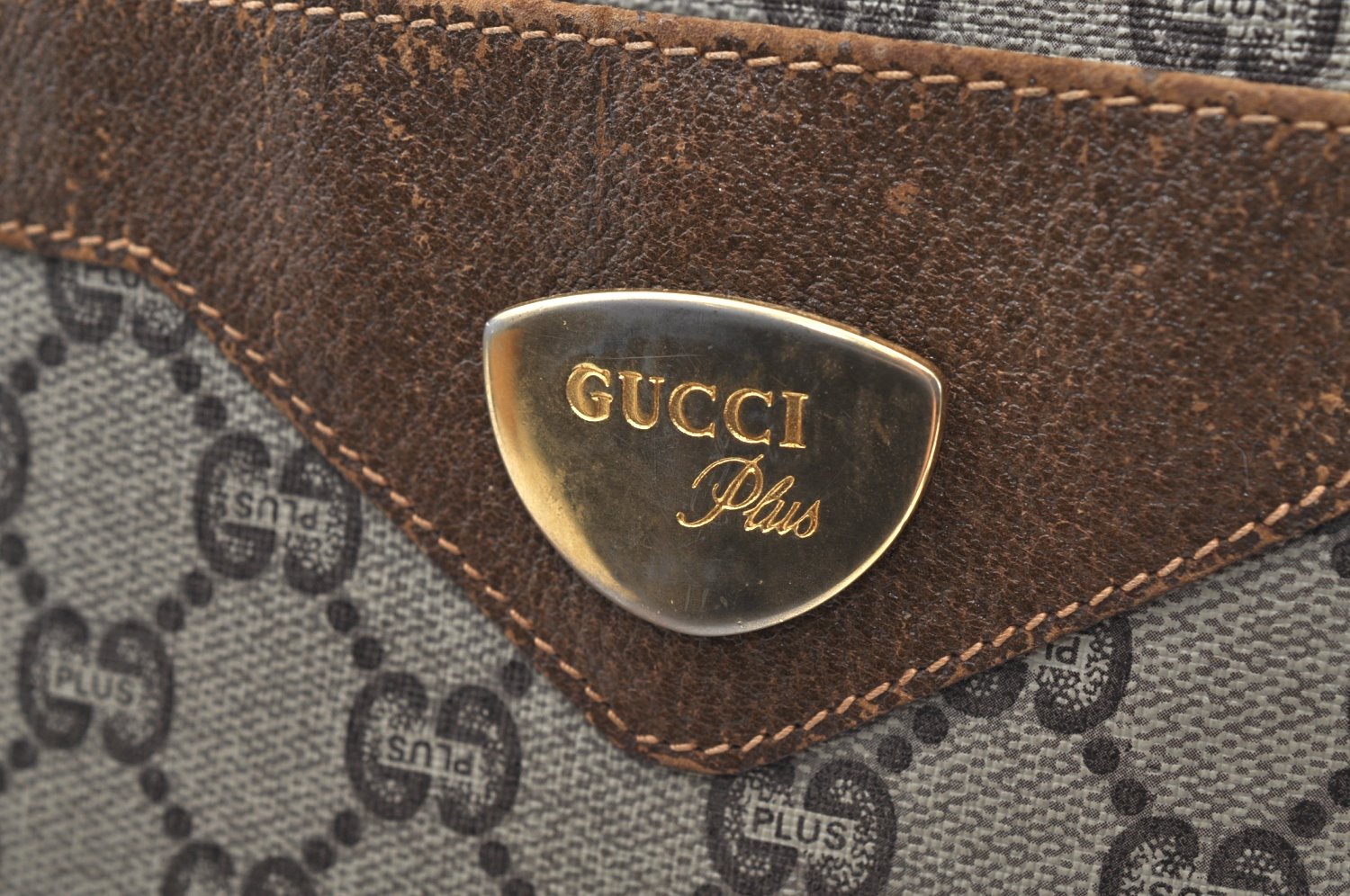 Authentic GUCCI Web Sherry Line GG Plus Tote Bag PVC Leather Brown K4270